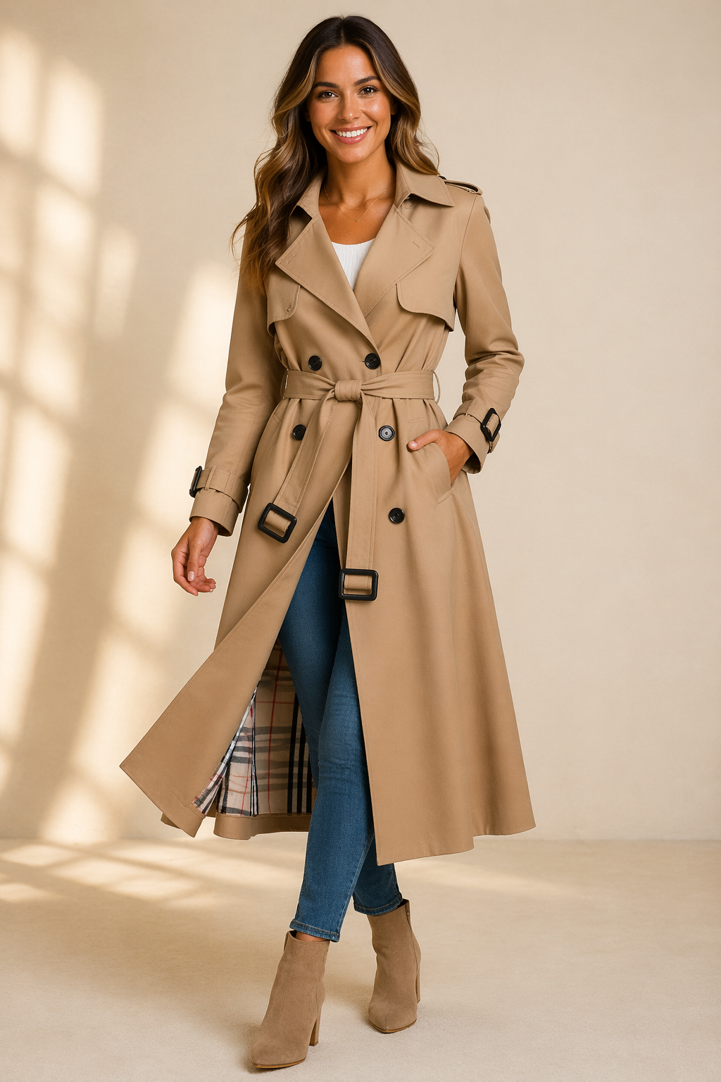 Black tailored trench coat with double-breasted front from Lumina Wear, stylishly displayed on a mannequin.