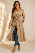 Black tailored trench coat with double-breasted front from Lumina Wear, showcased on a model.