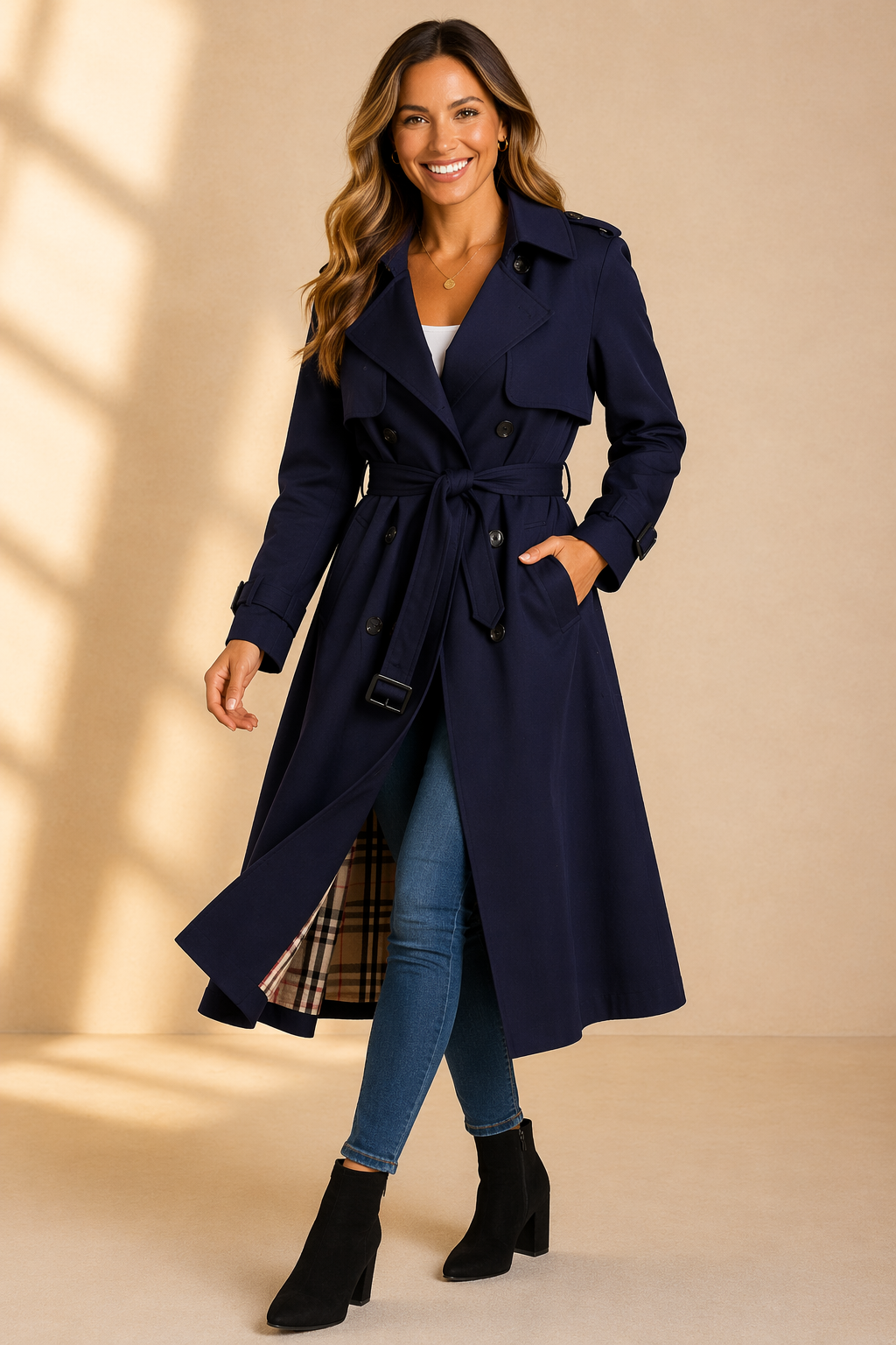 Isabella Lumina black tailored trench coat with double-breasted front, showcasing a sleek, structured design and classic collar.