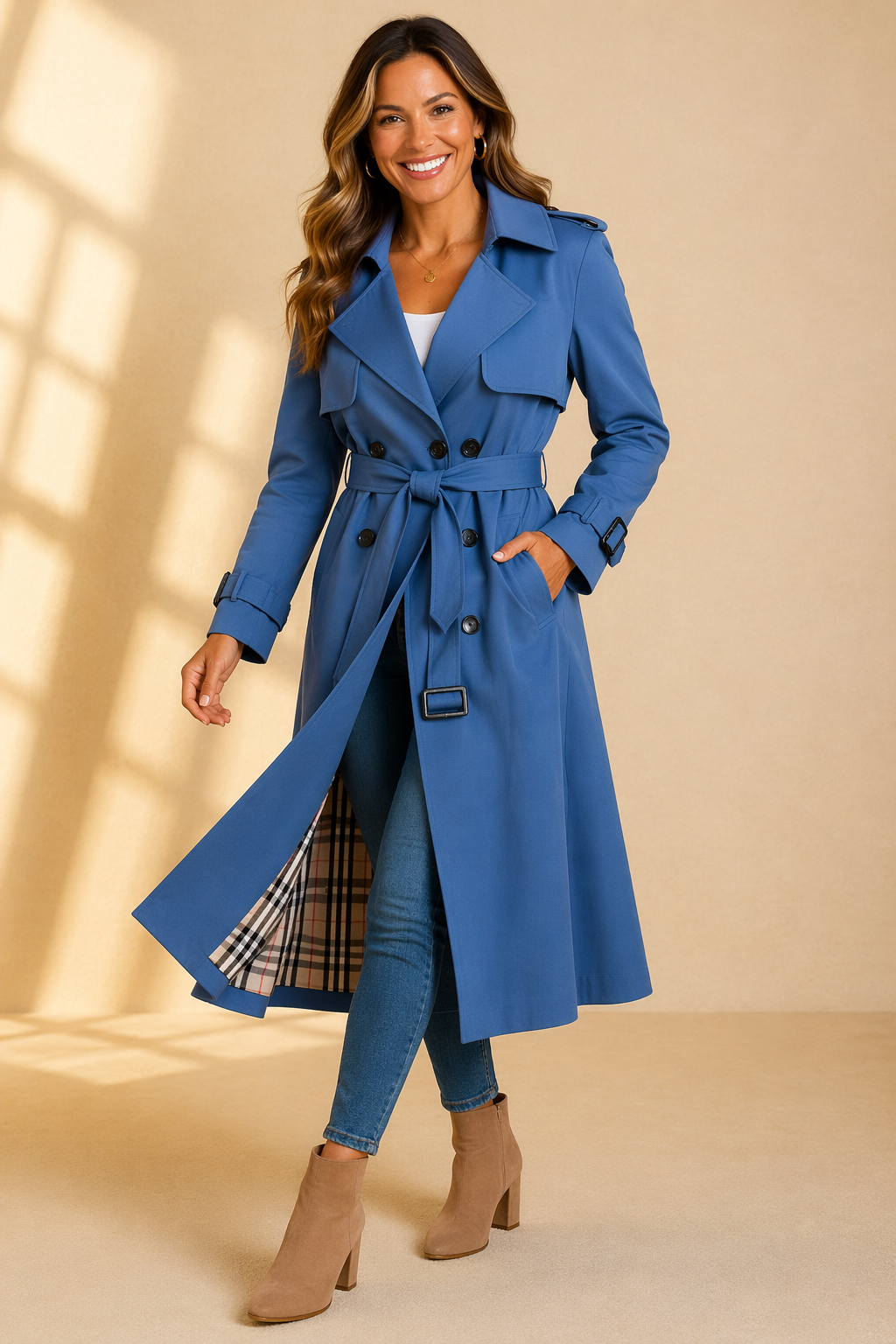 Black tailored trench coat with double-breasted front, sleek design, from Lumina Wear's Isabella collection.