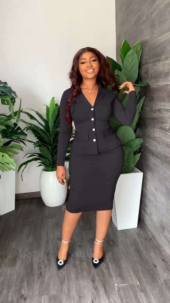 Lumina Wear Isabella tailored blazer and pencil skirt set for women, with fitted waist and classic professional style.
