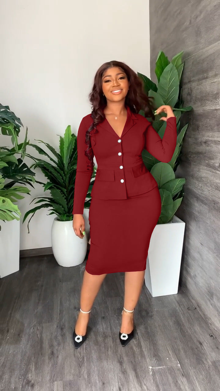 Lumina Wear Isabella women's tailored blazer and pencil skirt set with fitted waist, stylish professional suit ensemble.