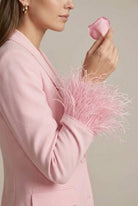 Lumina Wear Isabella tailored blazer with feather cuffs and matching straight-leg trousers, stylish women's suits and blazers.