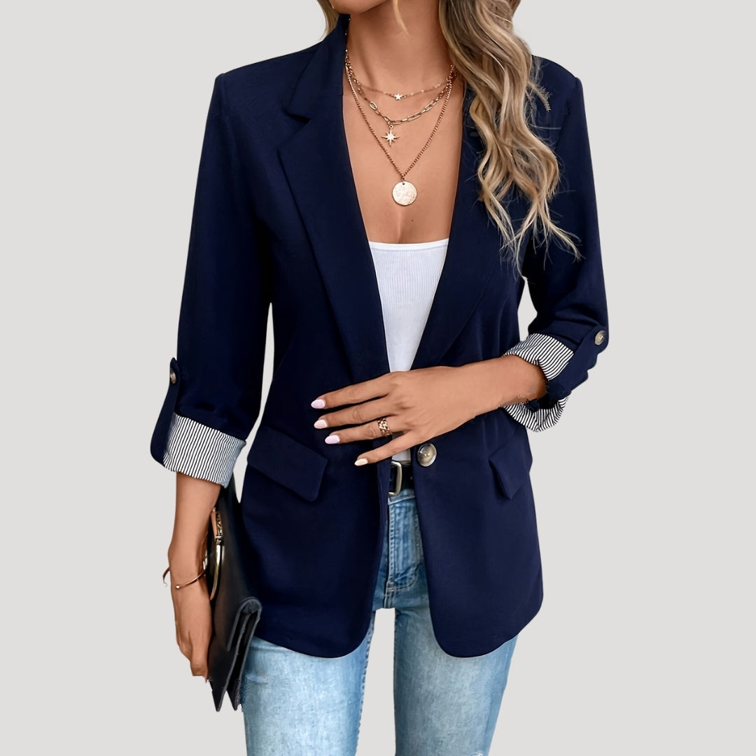 Lumina Wear Isabella women's tailored blazer with roll-up sleeves and flap pockets, stylish and professional for office or casual wear.