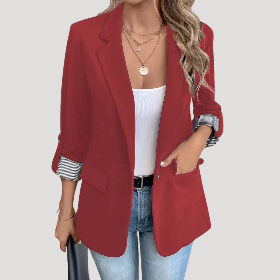 Lumina Wear Isabella women's tailored blazer with roll-up sleeves and flap pockets, shown in a stylish, fitted design.