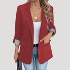 Lumina Wear Isabella women's tailored blazer with roll-up sleeves and flap pockets, shown in a stylish, fitted design.