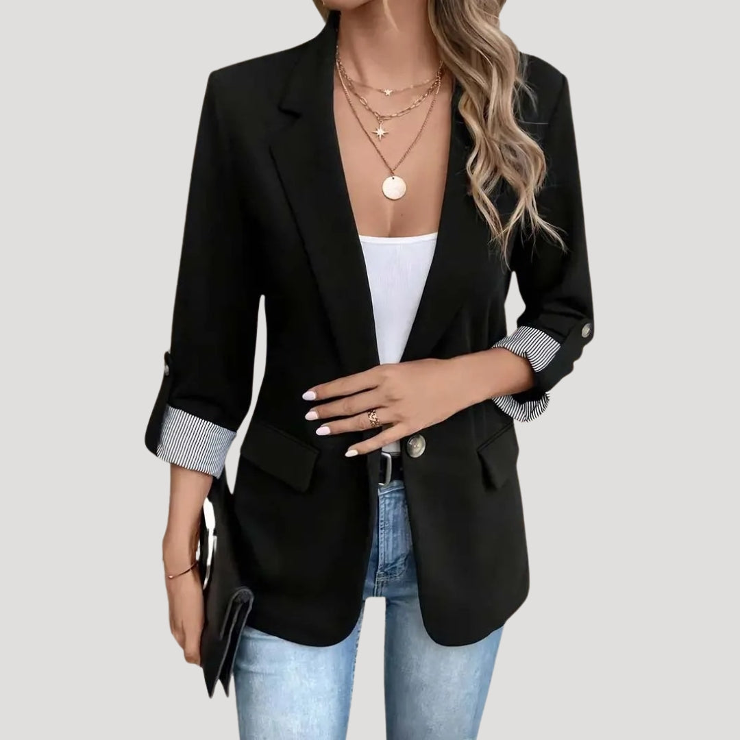 Lumina Wear Isabella women's tailored blazer with roll-up sleeves and flap pockets, shown in a stylish fit and fabric.