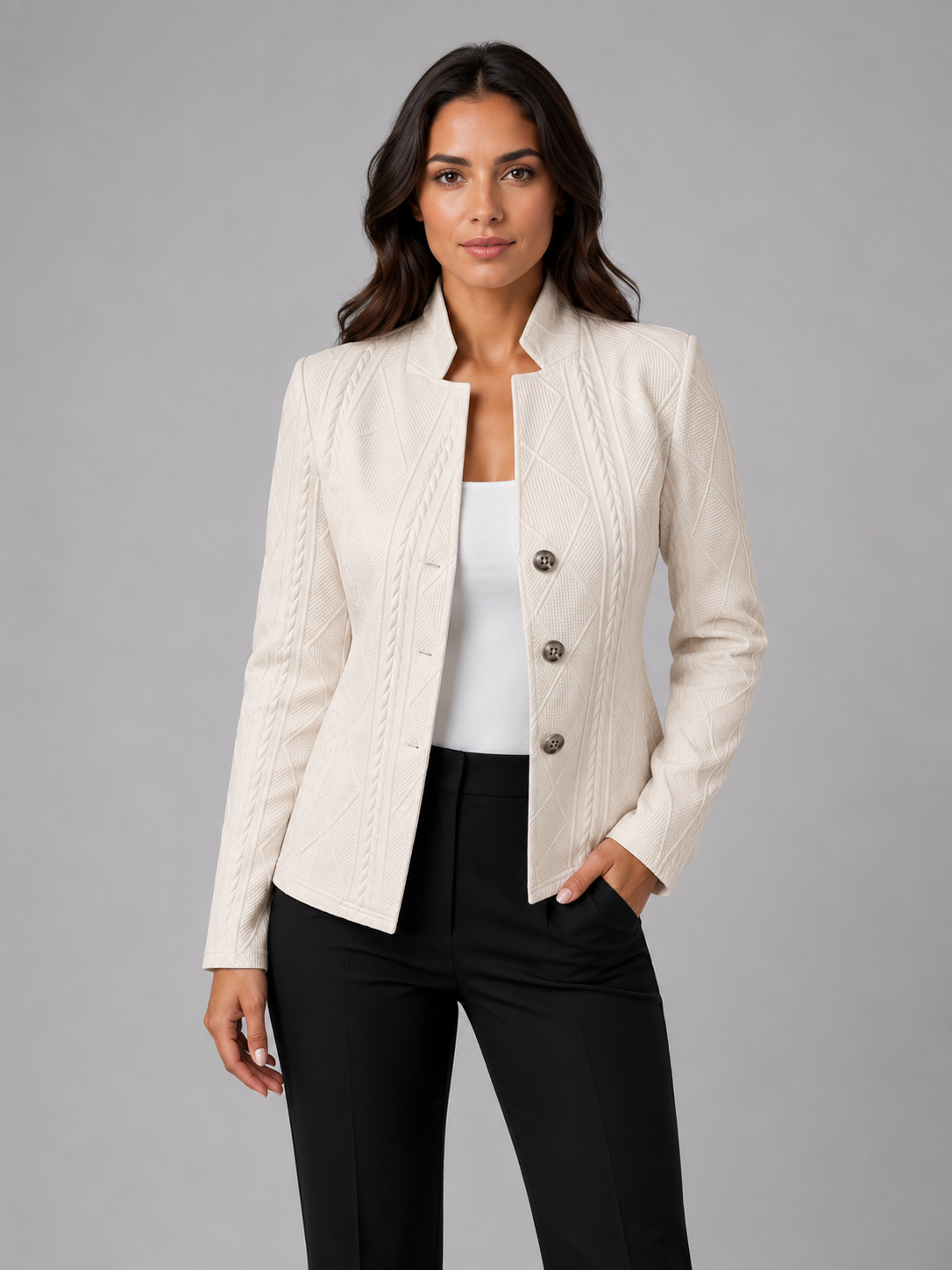 Women's cable knit blazer by Lumina Wear featuring a tailored fit and streamlined silhouette, in a stylish and versatile design.