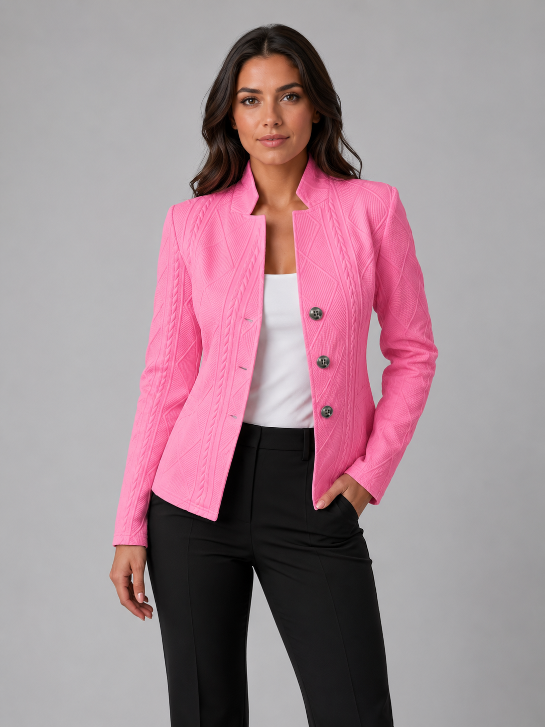 Lumina Wear Isabella women's cable knit blazer with a tailored fit and streamlined silhouette, shown on a neutral background.