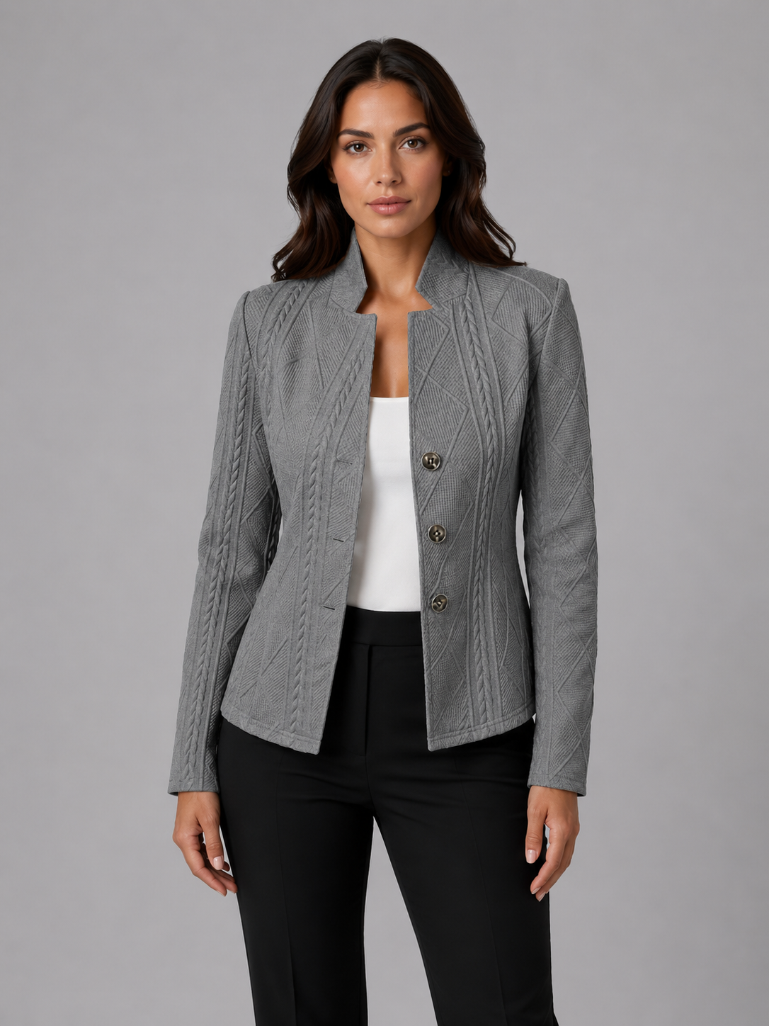 Lumina Wear Isabella tailored cable knit blazer for women, featuring a sleek, streamlined silhouette and classic design.