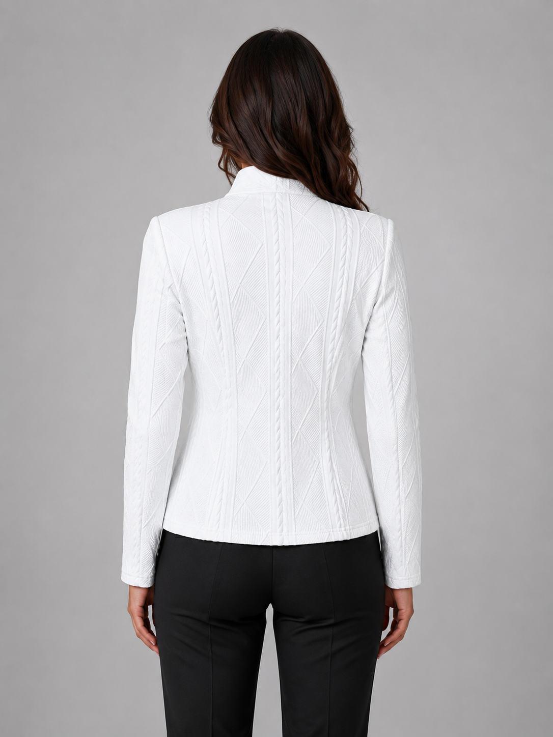 Lumina Wear Isabella cable knit blazer with tailored fit and streamlined silhouette, featuring classic lapel and button closure.