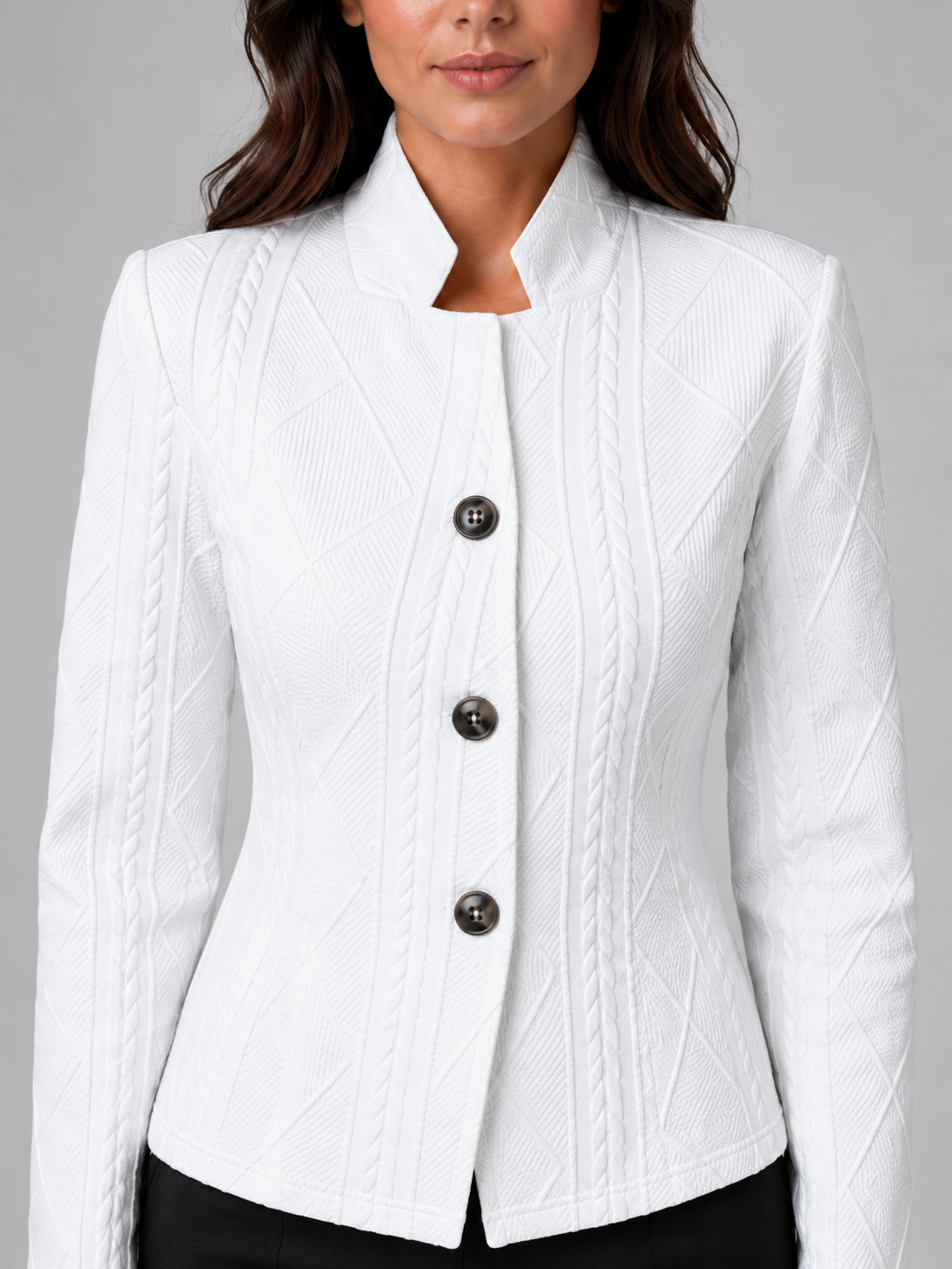 Lumina Wear Isabella cable knit blazer with streamlined silhouette, tailored fit, and classic collar, showcased on a model.