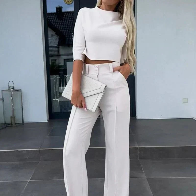 Isabella | Tailored Crop Top & High-Rise Wide-Leg Trousers Set - Lumina 1