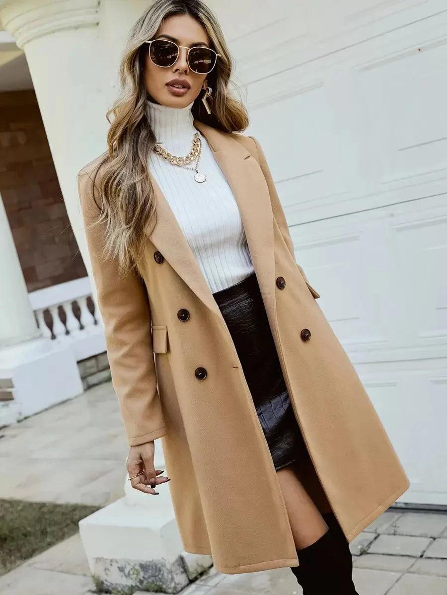 Isabella Lumina double-breasted knee-length overcoat in tailored style, featuring a classic design and structured fit.
