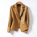 Isabella genuine leather blazer jacket by Lumina Wear featuring a tailored fit and single-button closure, shown on a model.