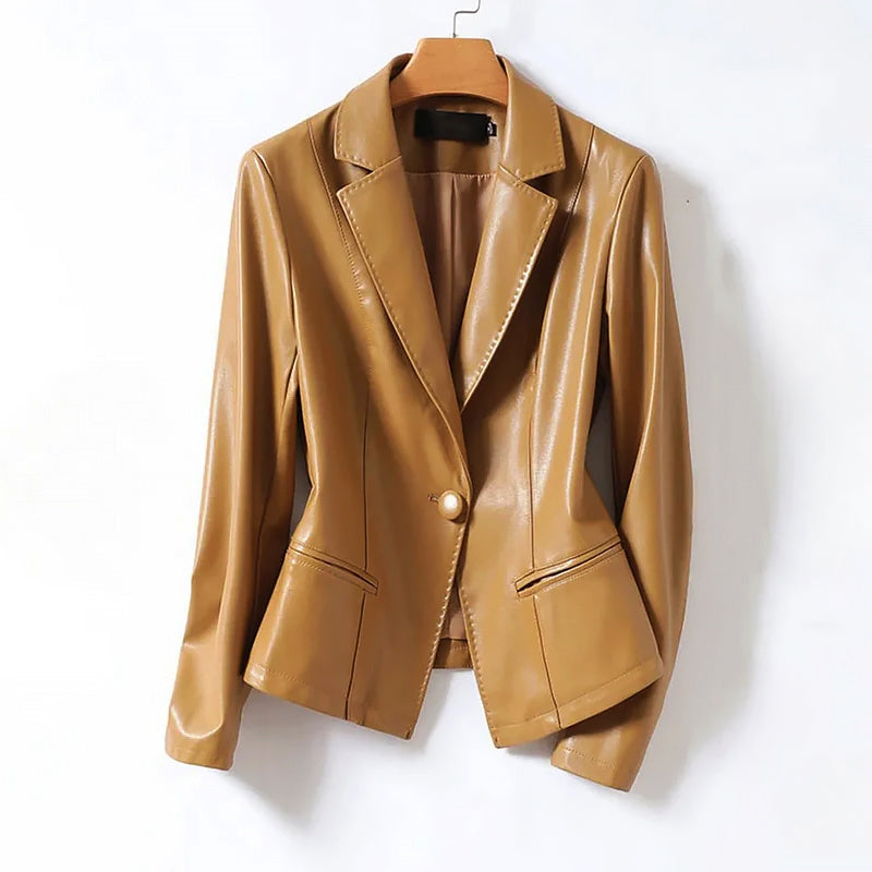 Isabella Lumina genuine leather blazer jacket with a single button, tailored fit, stylish for women.
