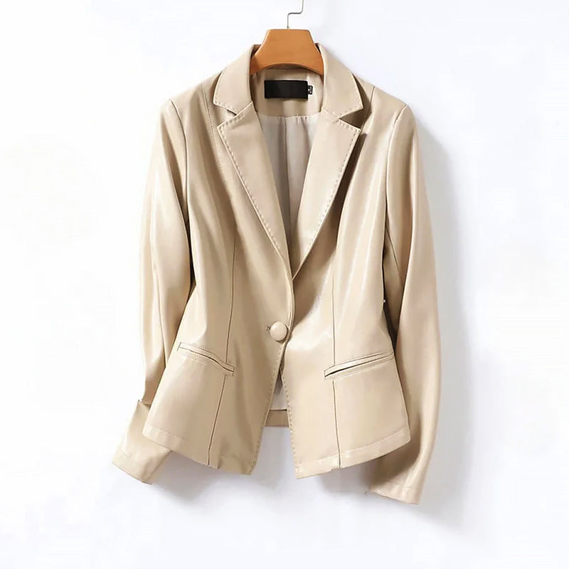 Isabella Lumina genuine leather blazer jacket with one button, tailored fit, featuring classic lapel and sleek design.