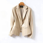 Isabella Lumina genuine leather blazer jacket with a single button, tailored fit, stylish for women, in black.