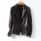Isabella Lumina genuine leather blazer jacket with a single button, tailored fit, shown in classic dark brown.