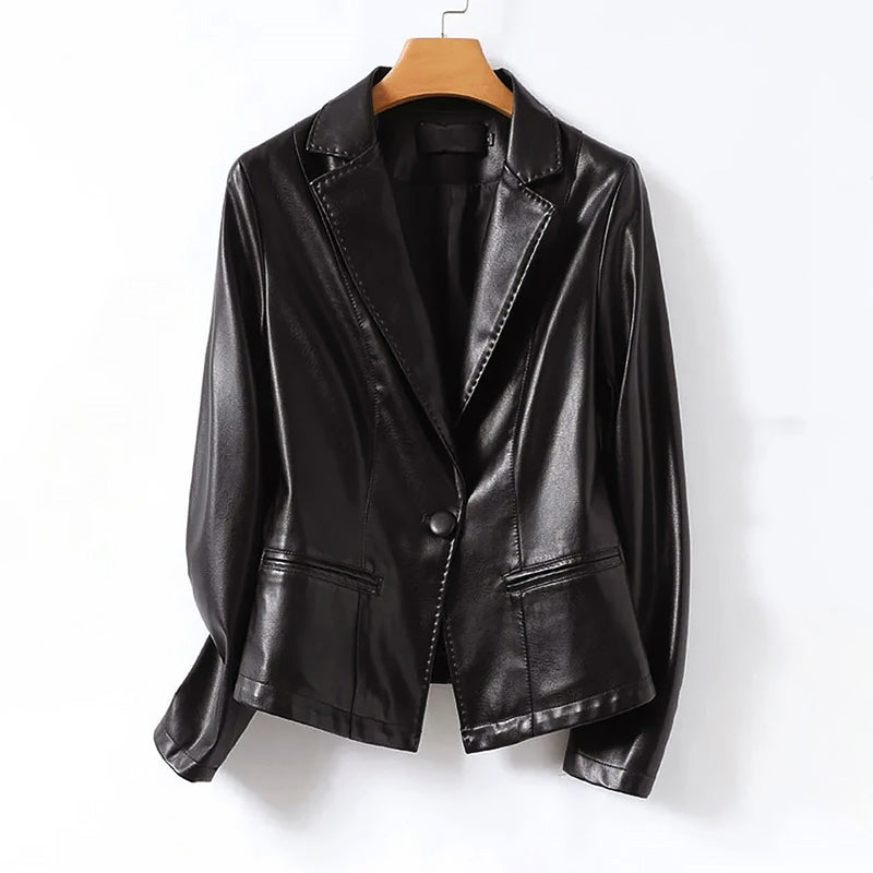 Isabella Lumina genuine leather blazer jacket with a single button, tailored fit, shown in classic dark brown.