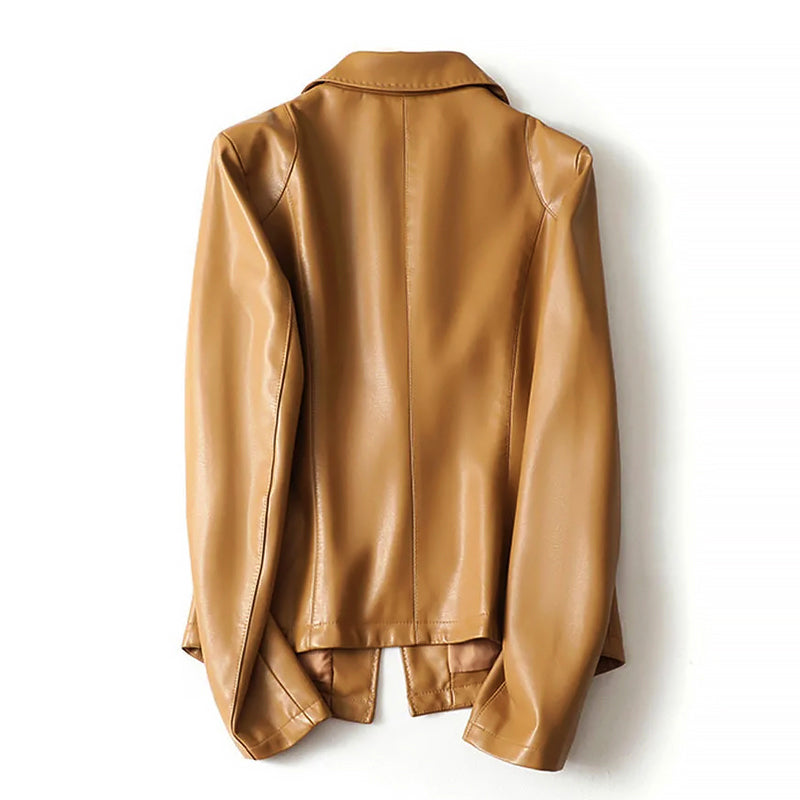 Elegant genuine leather blazer jacket by Lumina Wear featuring a tailored fit and a single button closure, styled on a model.