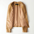 Isabella Lumina genuine leather blazer jacket with a single button, tailored fit, shown in a close-up of the front.