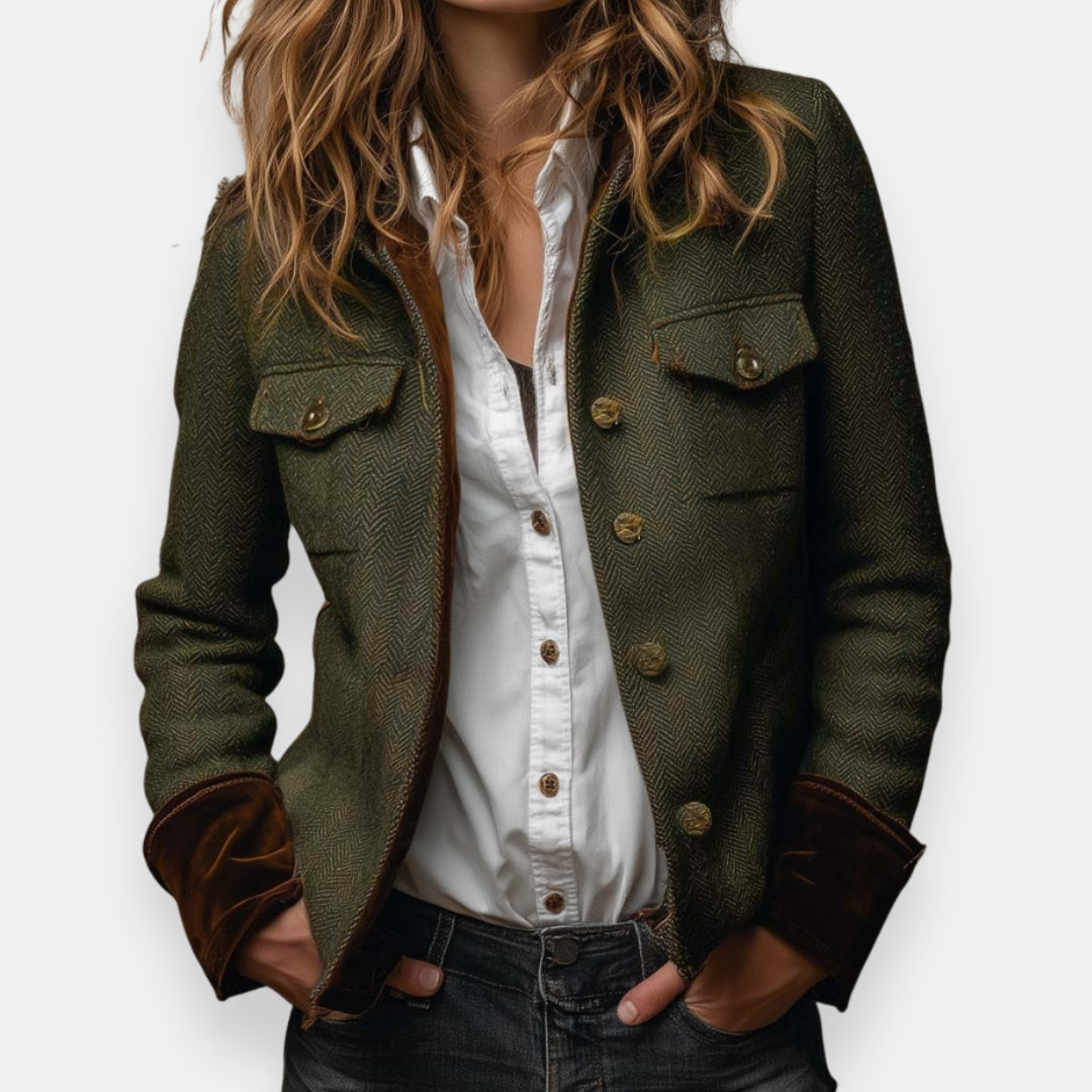 Women's Isabella herringbone tweed blazer with velvet cuffs by Lumina Wear, tailored fit, classic style, and sophisticated detailing.