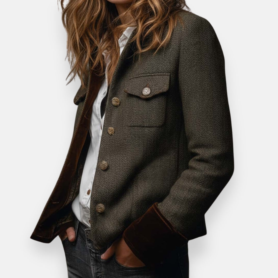 Women's tailored herringbone tweed blazer with velvet cuffs by Lumina Wear, featuring a classic fit and stylish detailing.