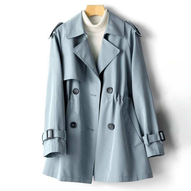 Isabella Lumina lightweight tailored trench coat with waist cinch, beige fabric, classic collar, and stylish silhouette.
