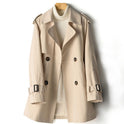 Lightweight beige trench coat with waist cinch from Lumina Wear's Isabella collection, tailored fit with classic collar and button details.
