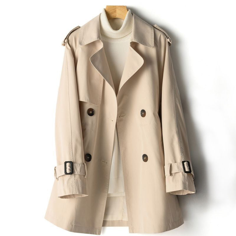 Lightweight tailored trench coat with waist cinch in beige from Lumina Wear, featuring classic design and stylish silhouette.