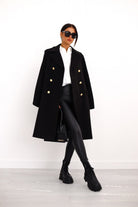 Lumina Wear Isabella tailored longline winter trench coat for women, featuring structured shoulders and a sleek, sophisticated design.