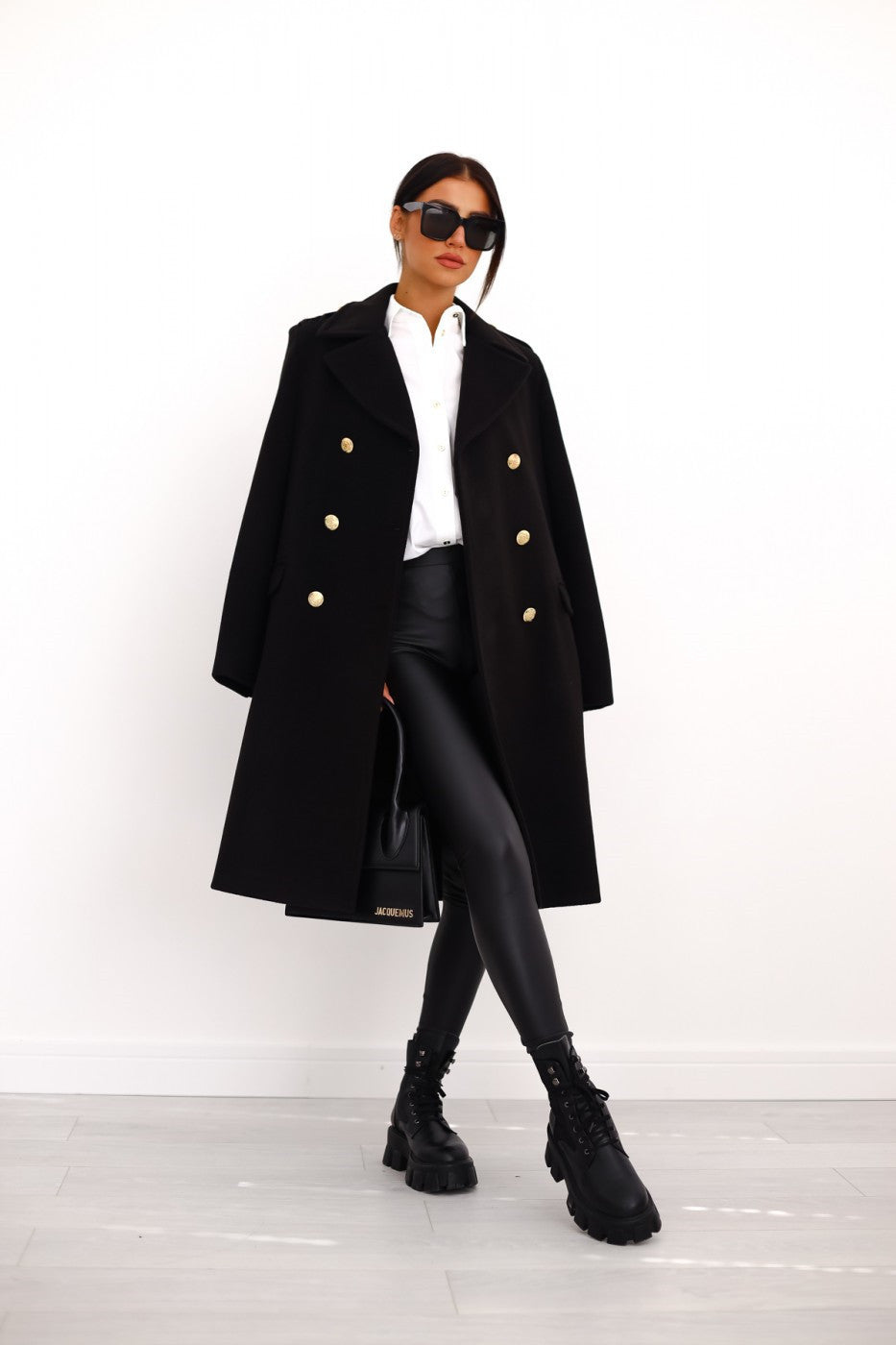 Lumina Wear Isabella tailored longline winter trench coat for women, featuring structured shoulders and a sleek, sophisticated design.