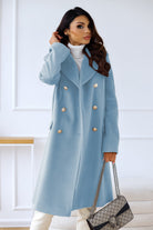 Lumina Wear Isabella women's longline winter trench coat with structured shoulders, tailored fit, and classic design.