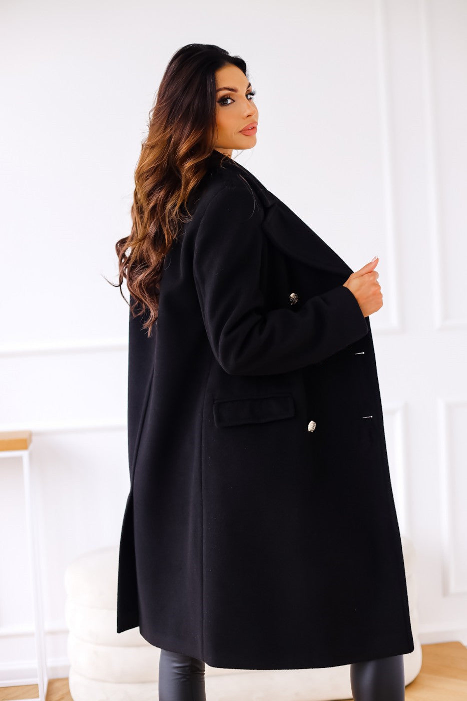 Women's Isabella Lumina Wear tailored longline winter trench coat with structured shoulders, beige fabric, and classic double-breasted design