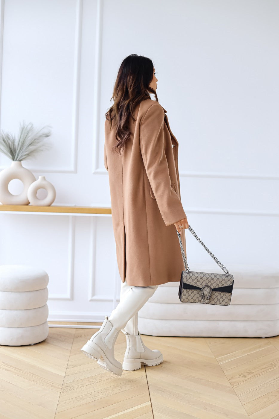 Isabella Lumina women's longline winter trench coat with structured shoulders, tailored fit, and classic design in neutral color.