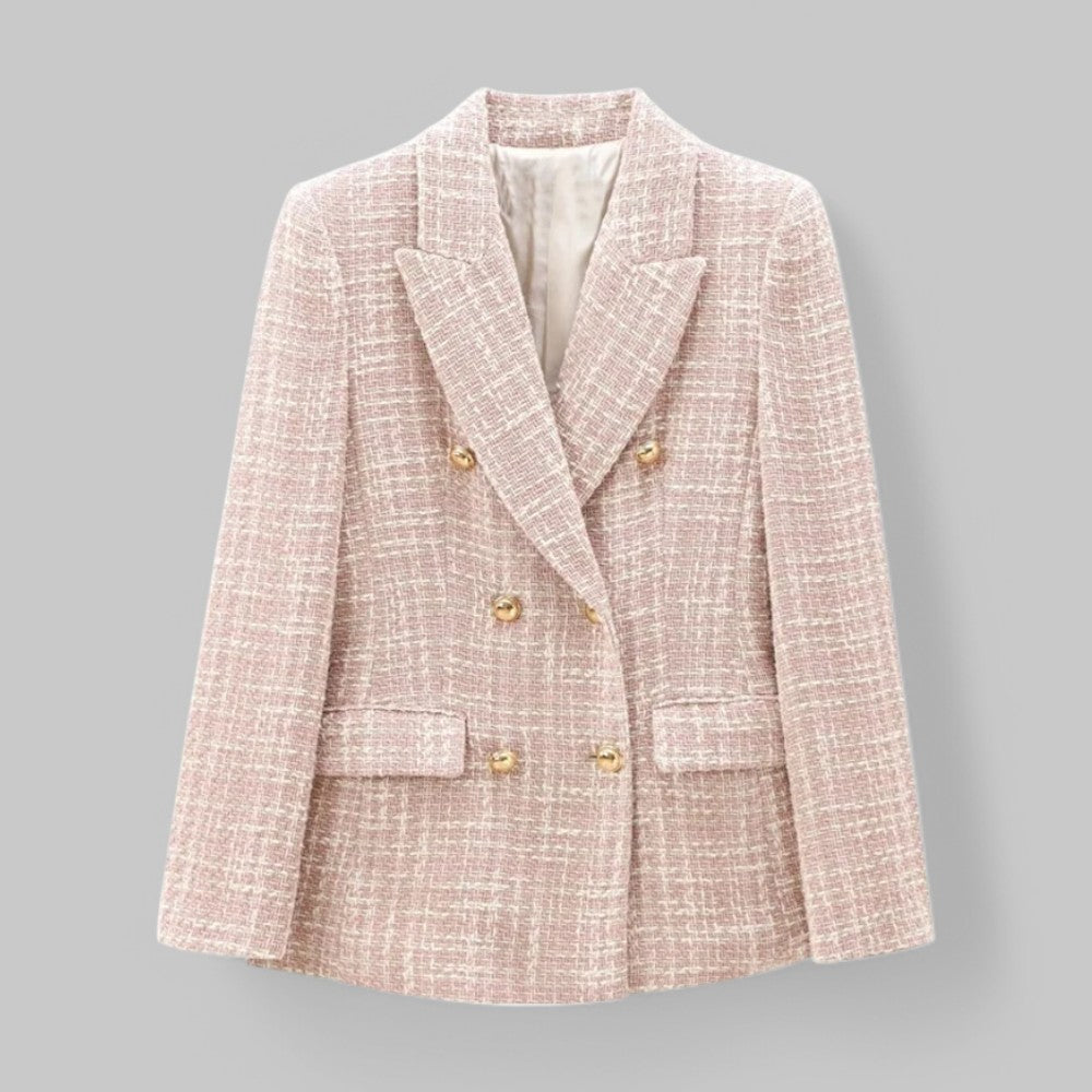 Pink tailored tweed blazer with double-breasted design from Lumina Wear, featuring a sophisticated, fitted style and structured lapels.