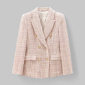 Pink tailored tweed blazer with double-breasted design from Lumina Wear, featuring a sophisticated, fitted style and structured lapels.