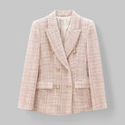 Pink tweed blazer for women by Lumina Wear, tailored with double-breasted design and classic fit.