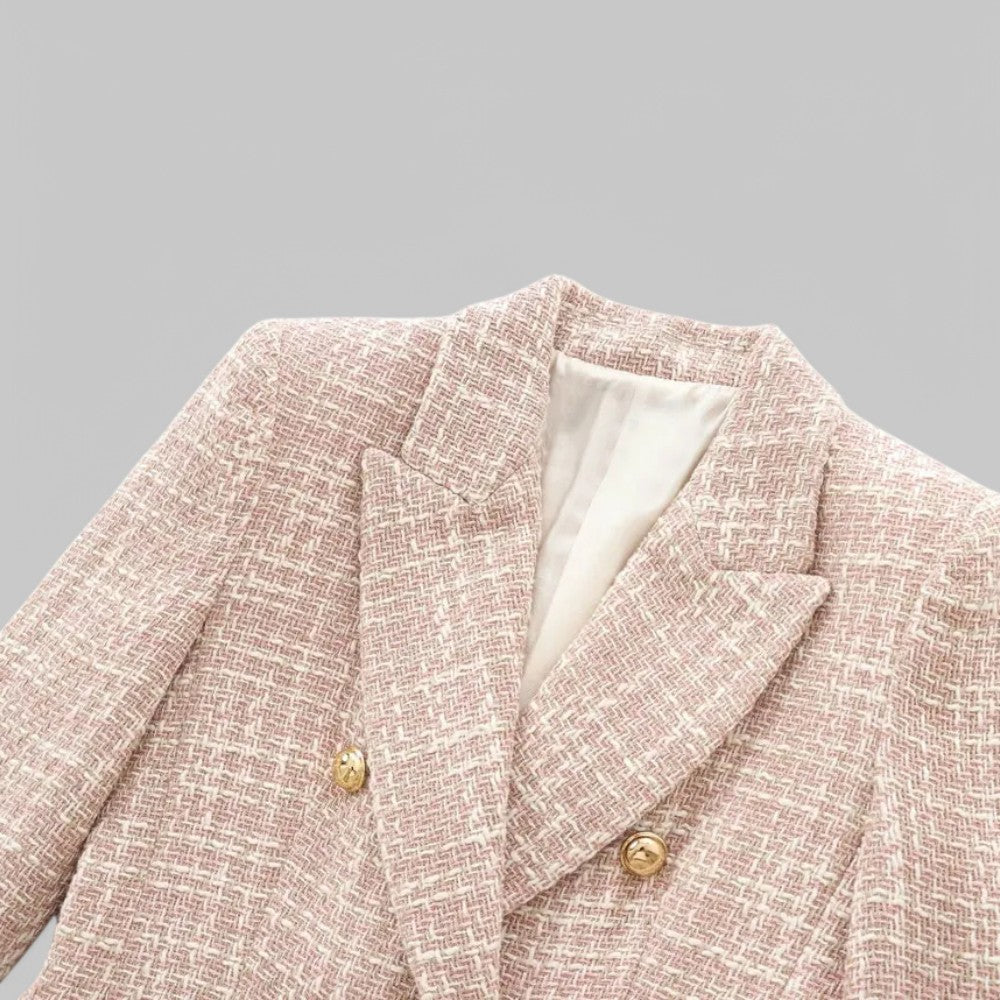 Pink tailored tweed blazer with double-breasted design by Lumina Wear, shown with structured fit and classic lapels.