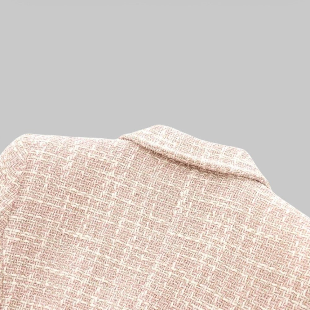 Pink tweed blazer with double-breasted design from Lumina Wear's Isabella collection, tailored fit with classic style.