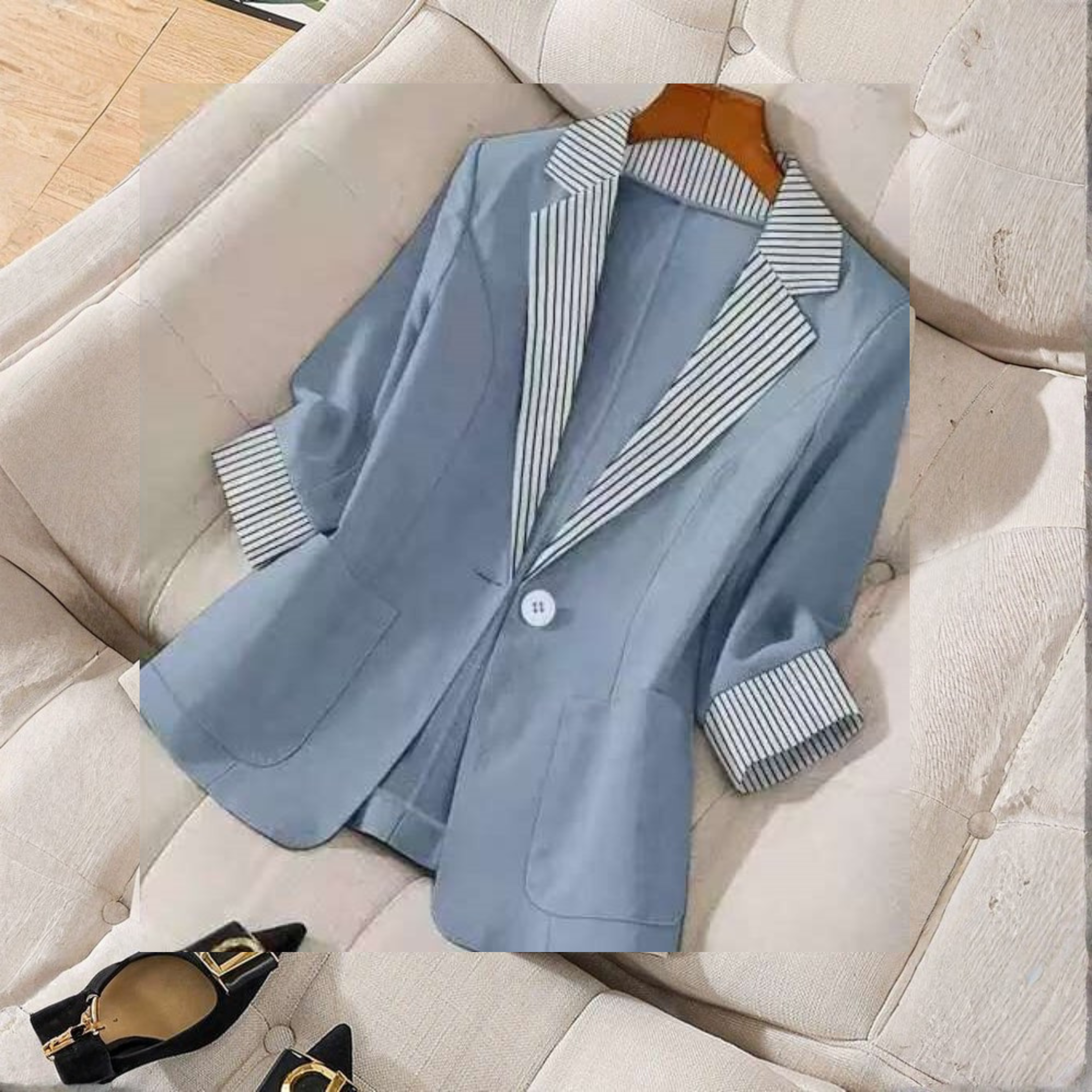 Women's tailored striped blazer with notch lapel by Lumina Wear, featuring classic design and stylish fit.