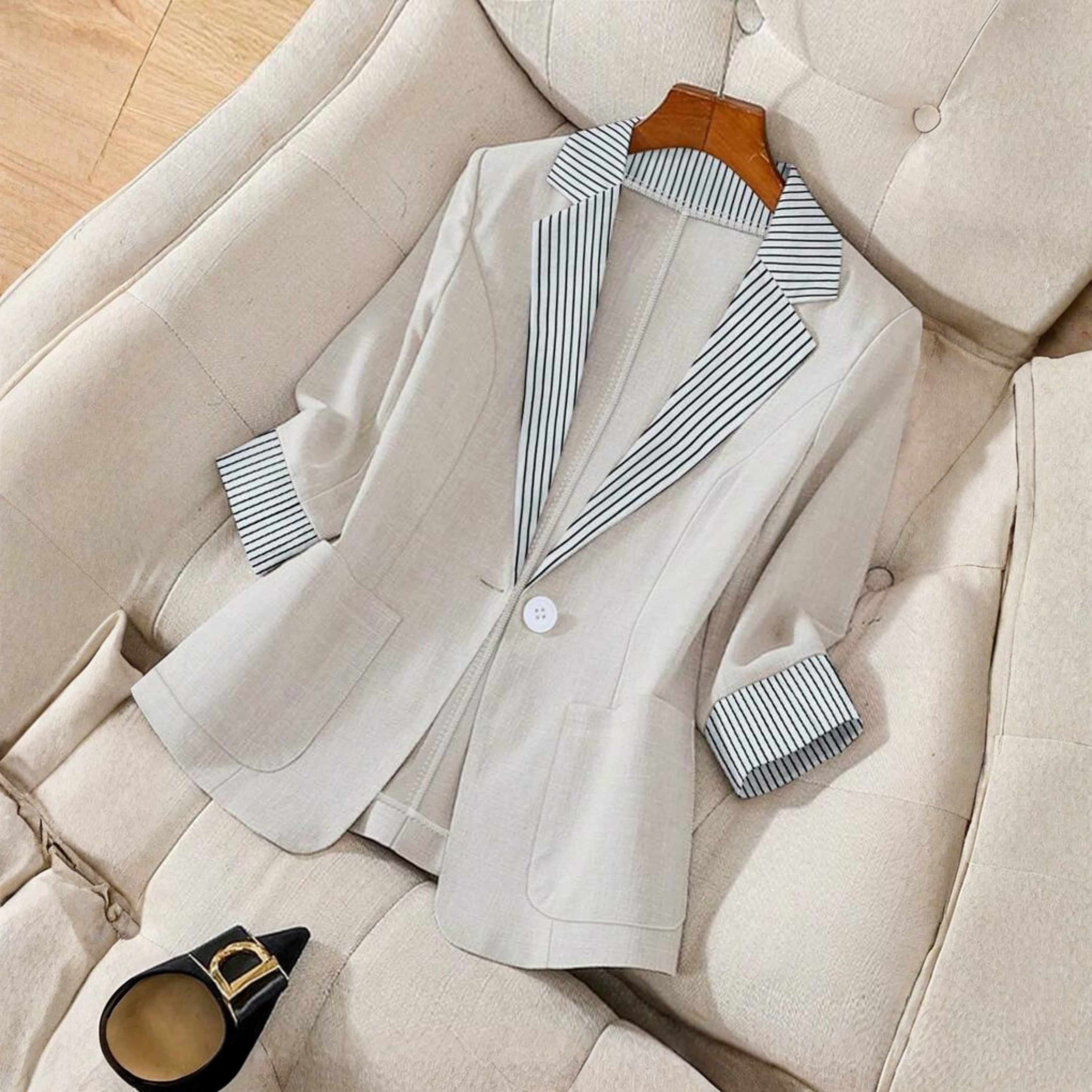 Women's striped blazer with notch lapel by Lumina Wear, featuring tailored fit and classic design in a stylish pattern.