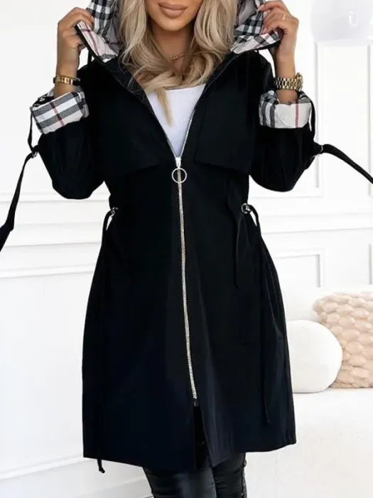 Lumina Wear Isabella women's waterproof parka with checked lining and drawstring waist, tailored outerwear for rainy days.