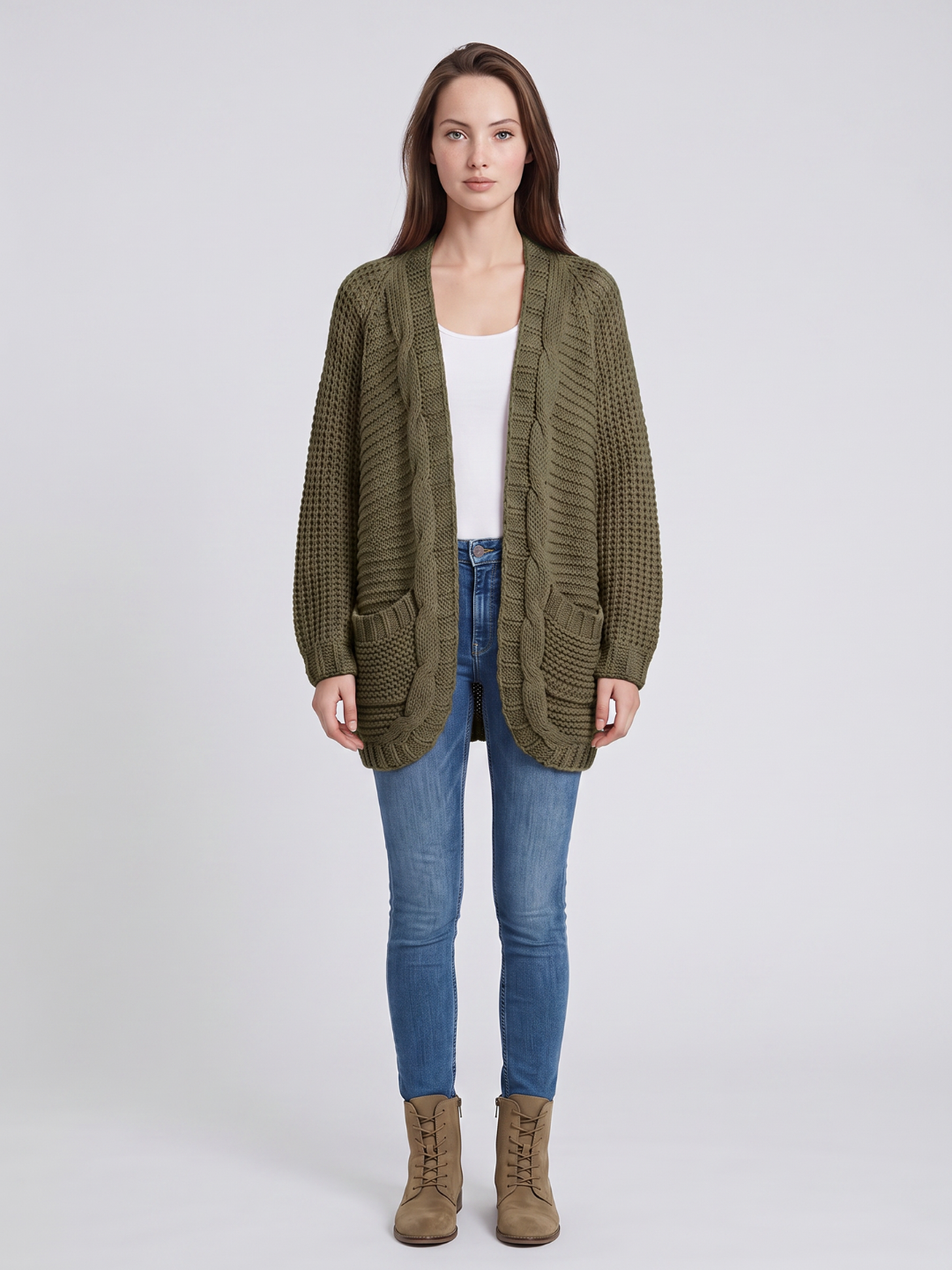 Light gray textured oversized women's cardigan with batwing sleeves from Lumina Wear, styled on a model.