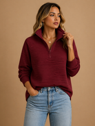Lumina Wear Isabella textured ribbed quarter-zip funnel neck jumper with a relaxed fit, ideal for cozy casual wear.