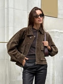 Lumina Wear Isabella textured utility jacket with snap-button closure and flap pockets, shown in a stylish, fitted design.