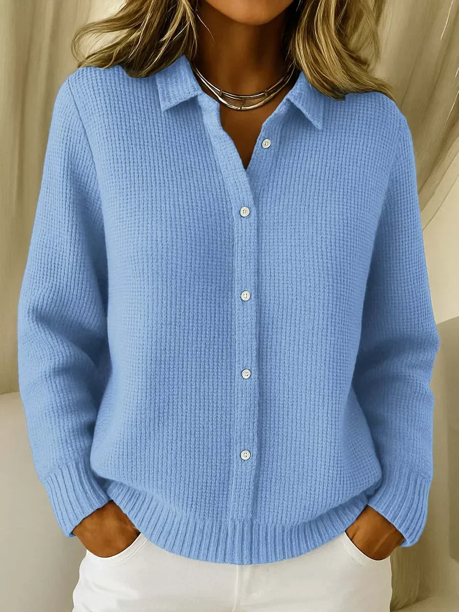 Lumina Wear Isabella women's textured waffle knit long cardigan sweater with button closure, soft and cozy for casual wear.