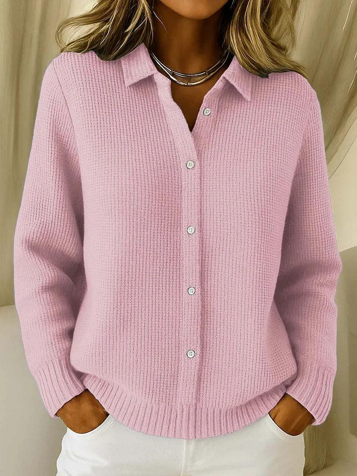 Light brown textured waffle knit long cardigan sweater with button closure from Lumina Wear, styled for women's casual wear.