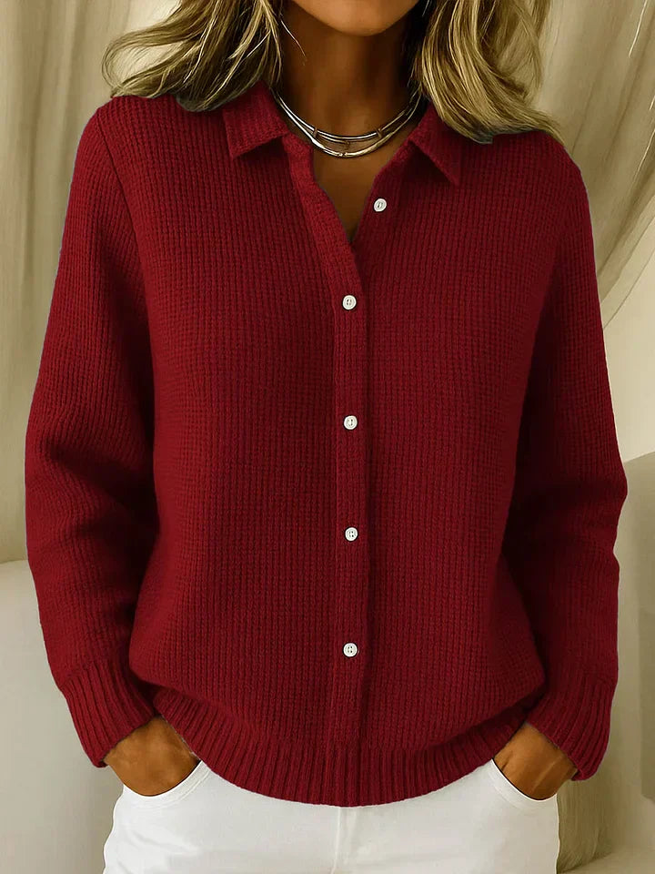 Women’s textured waffle knit long cardigan sweater with button closure by Lumina Wear, styled with a relaxed fit and cozy design.